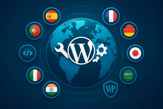 Globo con el logo de WordPress, llaves y engranajes, rodeado de banderas internacionales; representa el mantenimiento y soporte multidioma de ALMC Security.